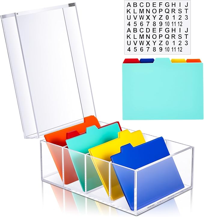 Mooliwe Index Card Holder Clear Acrylic Card Organizer 50 Pcs Divider Sheets for Desk File Note Holders, 4 Compartments Holds 600 Cards(4 x 6 Inch) by Mooliwe