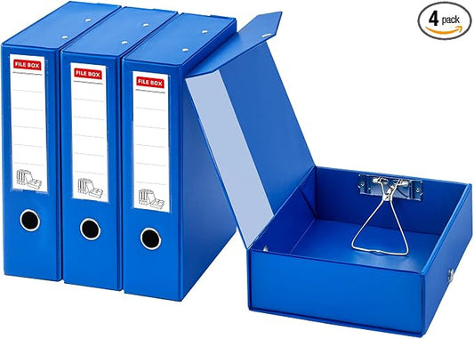 Storage File Boxes 4 Pack, Foldable File Box with Clip, 88mm Spine, Blue | Archives Cases with Magnetic Closure, Plastic Document File Organizer Storage by LEPAPILLIONJEWELRY