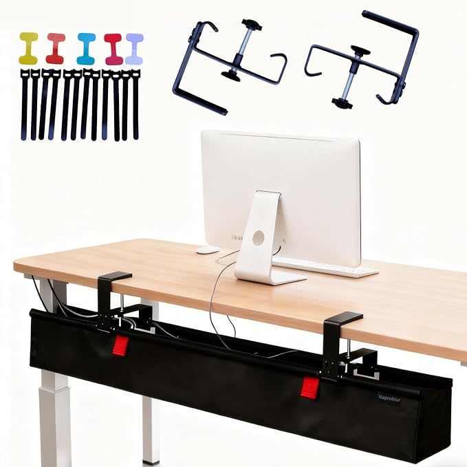 Under Desk Cable Management Tray, 48" Extra Large No Drill Cord Organizer with Easy to Clean Oxford Fabric, Clamp On Power Stripe Holder for Office, Home Office & Gaming Space by Naprohiur