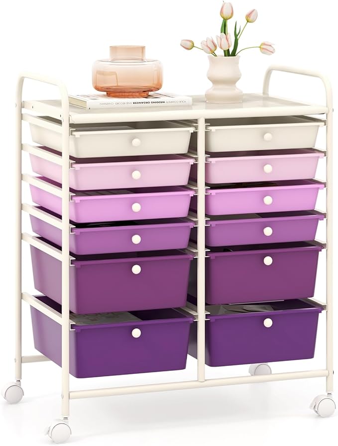 GOFLAME 12-Drawer Rolling Storage Cart, Multipurpose Organizer Cart with 2 Sizes Plastic Drawers, Mobile Utility Cart with Lockable Casters for School, Home Office, Beauty Salon, Purple Gradient by GOFLAME
