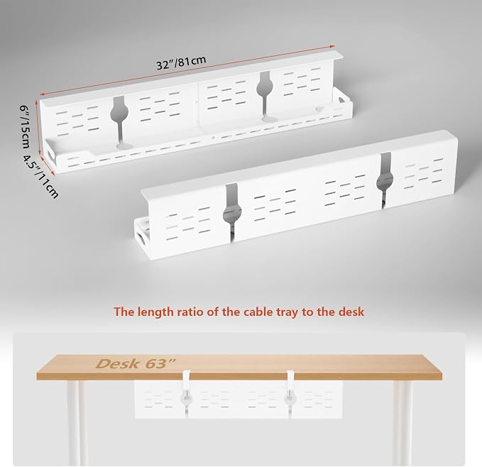 Univivi Under Desk Cable Management Tray, Cable Management, 32 inch, White | Durable Steel Material, Desk Cable Management with No-Drill C-Clamp and Screw Mount, Cord Management for Office/Home - Image 5
