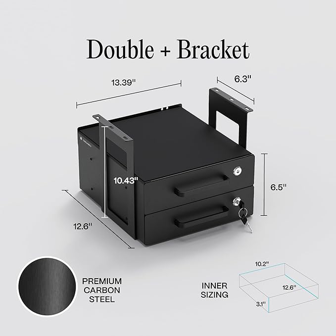 Under Desk Drawer Slide-Out – Lockable Metal Storage Drawers with Cable Management for Office & Home (Double, Bracketed) - Image 2