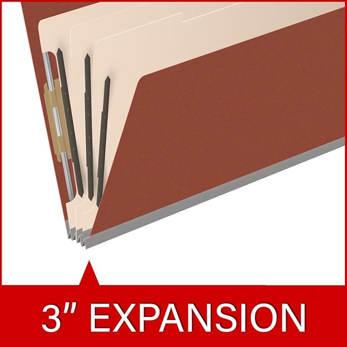 Ecom Folders End Tab Pressboard Classification Folders | Legal Size 25 Pt Type III Stock with 3 Dividers & 3" Tyvek Expansion | 2 Fasteners Pos 1 & 3 for Medical & Office Docs | Brick Red, Box of 10 - Image 7