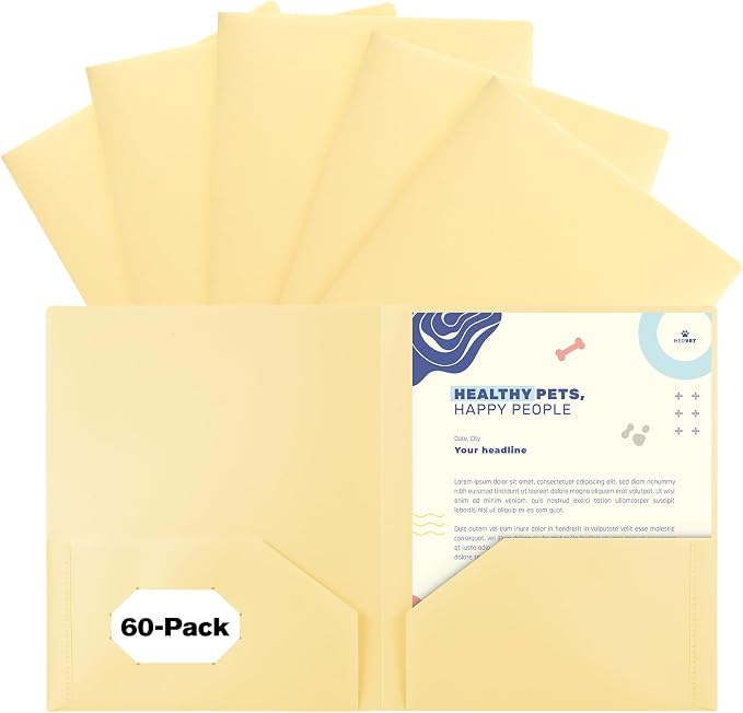 60-Pack Plastic Folders with Pockets,2-Pocket Pastel Folders Holds US Letter Size Paper for School/Office/Home, Yellow by EEHZTSIOFFICE