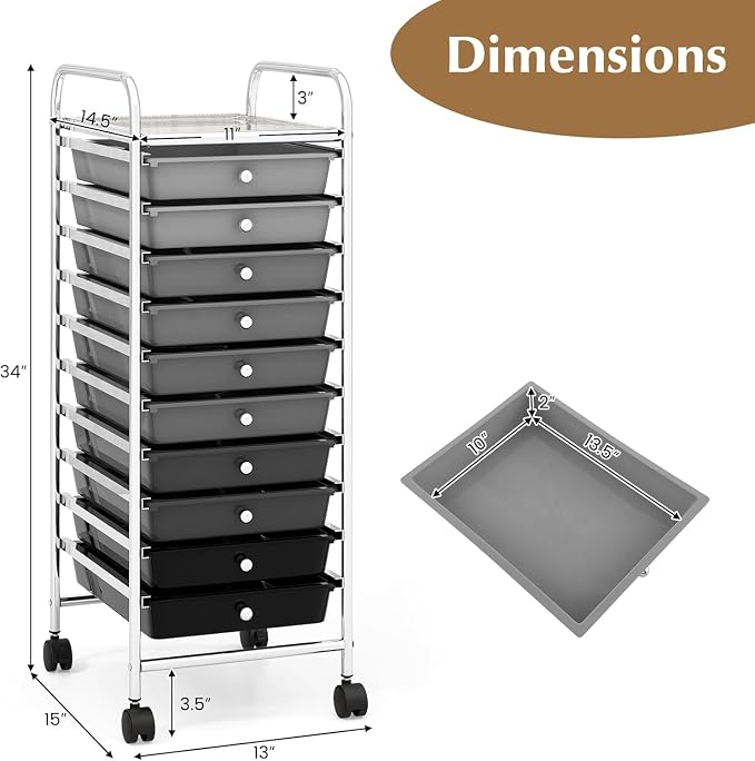 Storage Cart, Rolling Utility Cart with 10 Drawers, Portable Handles & Lockable Wheels, Mobile Paper Toys Storage Organizer Large Capacity for Home Office School Teacher (Gradient Black) - Image 3