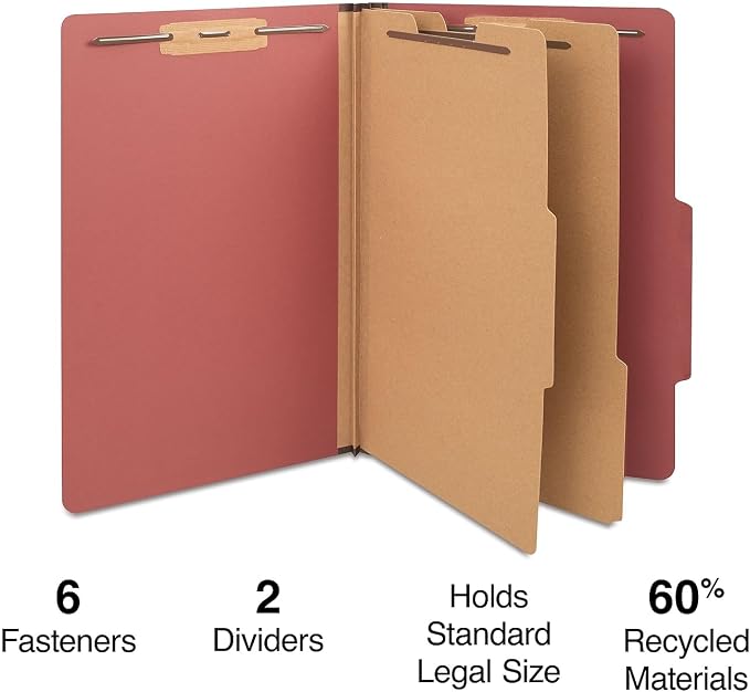 Staples Pressboard Classification Folders, Legal Size, 2‑Dividers, 2.5" Expansion, Brick Red, Heavy‑Duty Construction – 40/Carton - Image 2