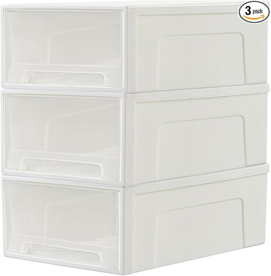 Cetomo 14L*3 Plastic Storage Drawers Unit, Office Desk Organizers, Drawer Organizer, Storage Box, Stackable Tower for Desktop, Bedroom, Dorm, Cosmetics, Durable PP, BPA Free, White & Clear, 14L-3 Pack by Cetomo