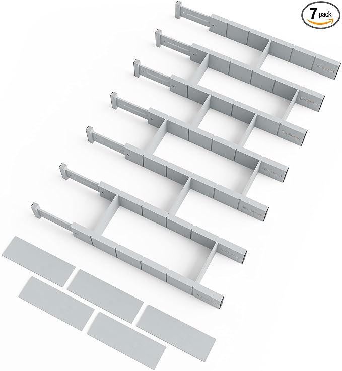 SpaceAid Bamboo Drawer Dividers with Inserts and Labels, Kitchen Adjustable Drawer Organizers, Expandable Organization for Home, Office, Dressers, 7 Dividers with 15 Inserts (17"-22" Gray) by SpaceAid