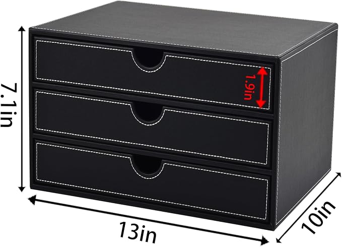 PU Leather Desk Organizer with 3 Drawers,Executive Office Supplies Desktop Filing A4 File Cabinet/Holder for Jewelry/Bill/Paper/Documents/Makeup Home Decor Stationery Storage Box,Black - Image 3