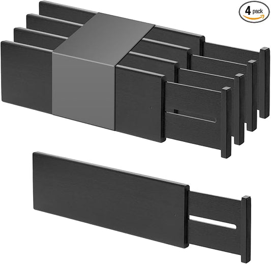 Utoplike Bamboo Drawer Dividers Large, 4" High Kitchen Drawers Organizers | For Utensils, Clothing，Spring Loaded, Works in Bathroom, Dresser, Desk, 4 PCS, Black, Fit for 18.6" to 20.6" Inner Drawer by Utoplike