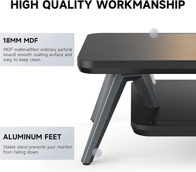 Fenge Monitor Stand Riser, Wooden Desk Shelf with 2-Tier Storage | 23.6-Inch Wide, Sturdy Aluminum Legs, Built-In Phone & Tablet Slot, Desktop Organizer for Office Accessories - Image 4