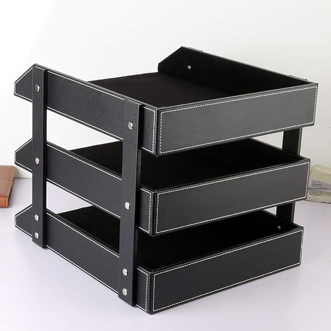 Leather Desk File Organizer, 3-Layer Stackable Tray, Used to Store documents, folders, Stationery, Magazines, Newspapers, Letters, and Other Home Office Sundries Desktop Organization Holder(Black)… - Image 3