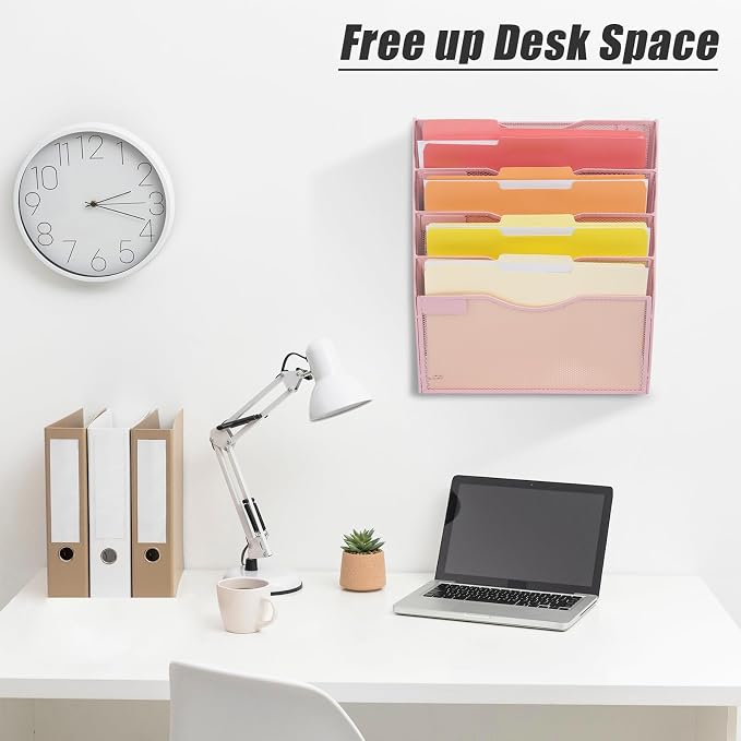 5 Pocket Mesh Hanging Wall File Organizer, Wall Mounted Mail Paper Document Folder Holder, Clipboard Storage Organization Magazine Rack with Nametag Label for Office Home School, Pink - Image 5