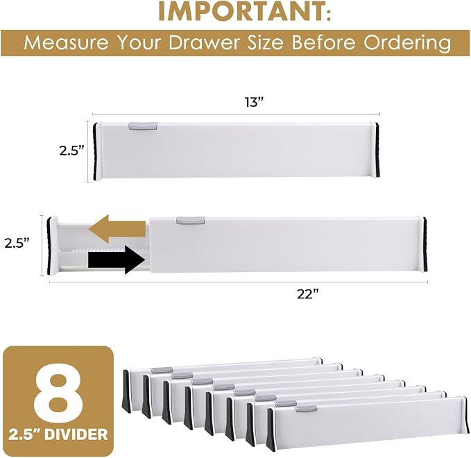 RAPTUROUS Adjustable Drawer Dividers, 2.5" Tall, Expandable 13-22", 8-Pack, Non-Slip for Dresser, Closet, Kitchen, Nursery, and Office (White) - Image 2