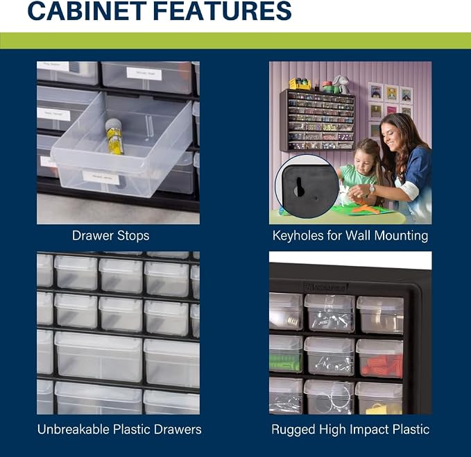 Akro-Mils 44-Drawer Plastic Drawer Storage Cabinet for Garage Organization, Bead Organizer, Building Bricks Storage, Teacher Toolbox, Makeup Organizer, 20-Inch W x 6-Inch D x 16-Inch H, 10144 Yellow - Image 3