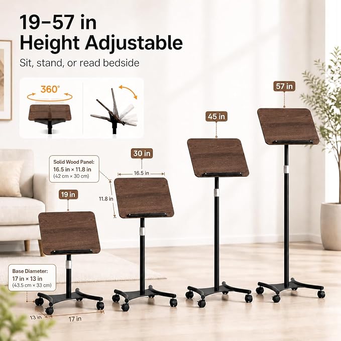 Rolling Book Stand with Wheels, Adjustable Sheet Music & Reading Stand | 16.5 x 11.8 in panel | 19-57 in adjustable height | 360° angle | Lockable wheels | For books, music, tablets - Image 7