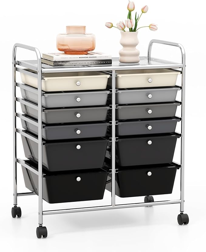 GOFLAME 12-Drawer Rolling Storage Cart, Multipurpose Organizer Cart with 2 Sizes Plastic Drawers, Mobile Utility Cart with Lockable Casters for School, Home Office, Beauty Salon, Gradient Grey by GOFLAME