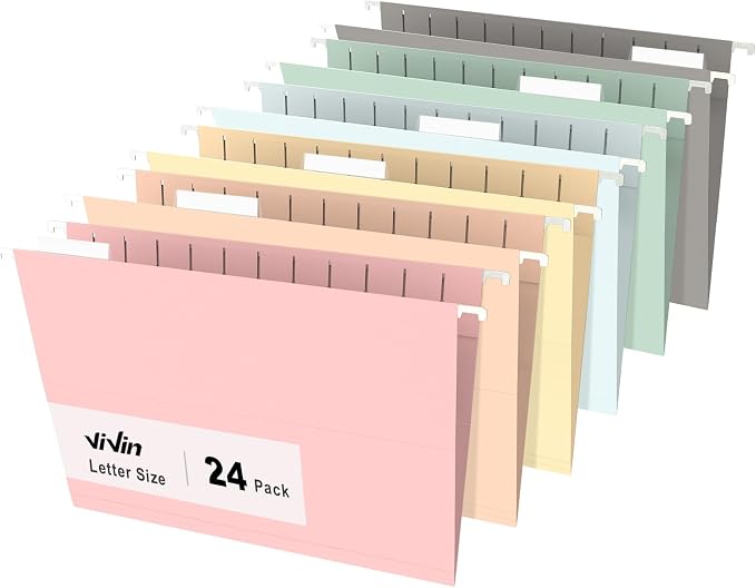 ViVin Hanging File Folders 24 Pack,Letter Size with 1/5-Cut Adjustable Tabs, Assorted Colors, Reinforced File Organizer for Office Desk, Home Filing Cabinet & School Drawer by ViVin