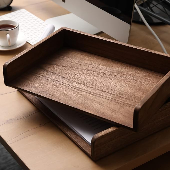 DDYURI Desktop File Trays Stackable Paper Tray for Letter/A4 Size Magazine - Wood Office Document Organizer Shelf - Wooden Folder Organization Rack Desk Tray Pack of 2 Dark(2CTP-DK) - Image 7