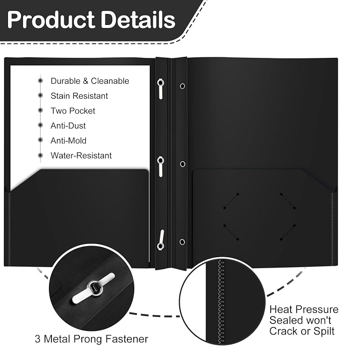 ViVin 12 Pack Plastic Folders with Pockets and Prongs, Heavy Duty 2 Pocket Folders with 3-Prong Fasteners, Poly File Holds 8-1/2" x 11" Paper for School Office Home (Black) - Image 2