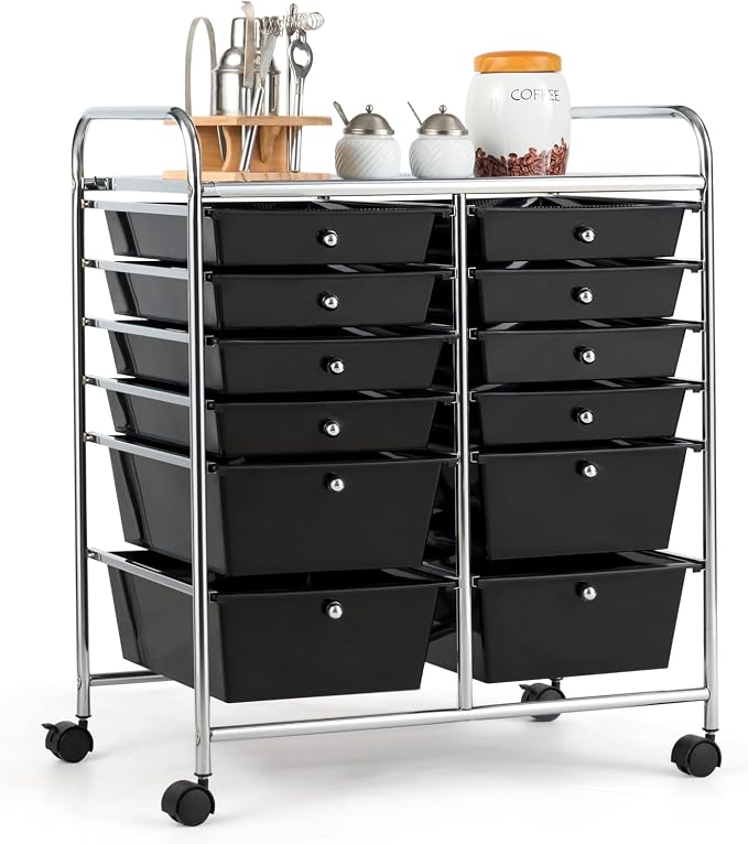 COSTWAY 12-Drawer Rolling Storage Cart, Moveable Art Craft Organizer | Lockable Wheels, Metal Shelf, Files Arrangement Tools Makeup Storage Cart for Office, Home, School (Black) by COSTWAY