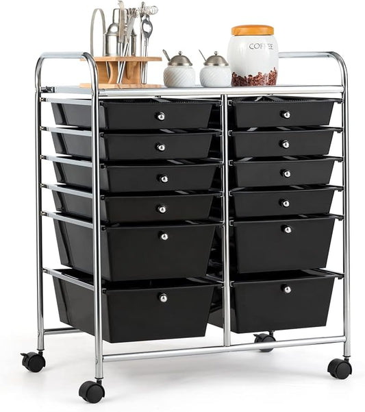 COSTWAY 12-Drawer Rolling Storage Cart, Moveable Art Craft Organizer | Lockable Wheels, Metal Shelf, Files Arrangement Tools Makeup Storage Cart for Office, Home, School (Black) by COSTWAY