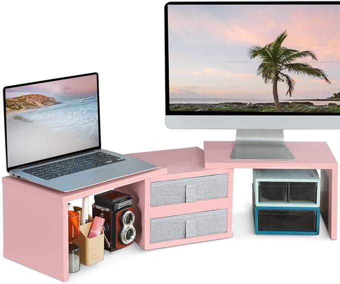 TEAMIX Pink Dual Monitor Stand Riser with 2 Drawers - Length and Angle Adjustable Double Corner Desk Shelf Organizer 37 inch for 2 Laptop/PC/Screen/TV (2 Drawers - 8''H) by TEAMIX