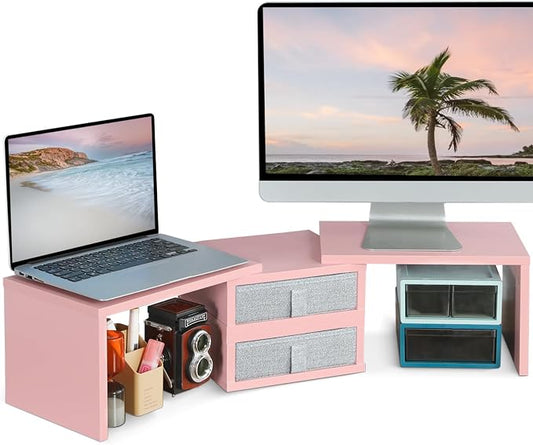 TEAMIX Pink Dual Monitor Stand Riser with 2 Drawers - Length and Angle Adjustable Double Corner Desk Shelf Organizer 37 inch for 2 Laptop/PC/Screen/TV (2 Drawers - 8''H) by TEAMIX