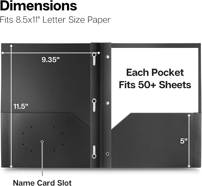 Dunwell Plastic 2-Pocket Folders with 3 Prongs, Black, 12 Pack, Poly | Durable Acid-Free Poly with Fasteners, Long-Term School & Office Use, Includes Labels - Image 3
