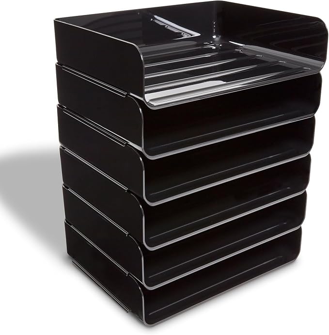 TRU RED Side‑Load Stackable Plastic Letter Tray, Black, 6‑Pack – Desktop Paper Organizer for Office Files & Documents by TRURED