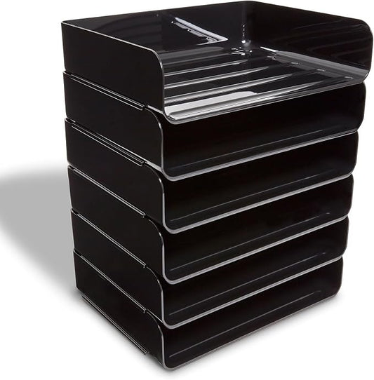 TRU RED Side‑Load Stackable Plastic Letter Tray, Black, 6‑Pack – Desktop Paper Organizer for Office Files & Documents by TRURED