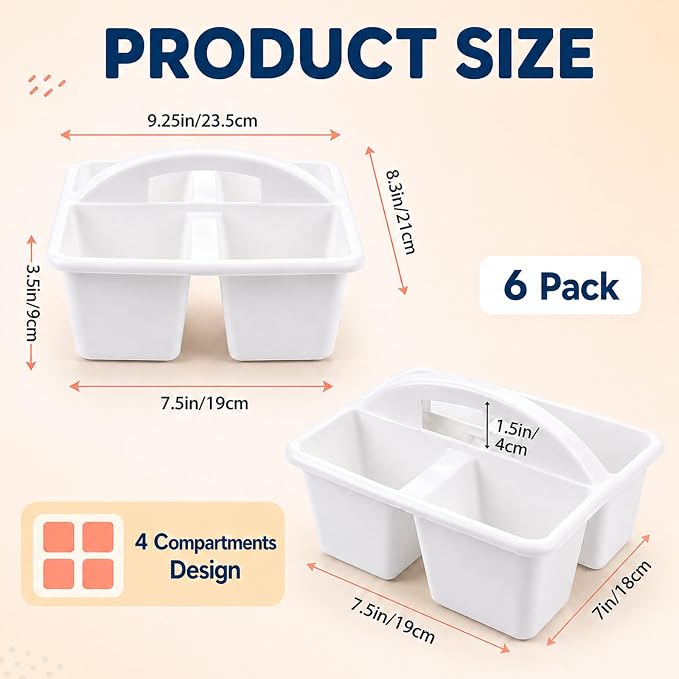 gisgfim 6 Pack Plastic Classroom Caddy with 4-Compartments Plastic Storage Caddies with Handle 4 Compartments Table Caddy Organizer Versatile Table Caddies for Classroom Office, White - Image 2