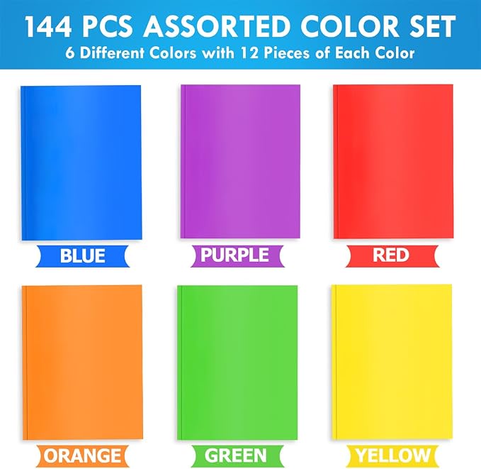 Ellinjan 144 Pack Plastic Folders with Pockets and Prongs, 2 Pocket Folders with Brads, Heavy Duty Bulk Folders in 6 Colors, Letter Size for School Office Supplies - Image 2