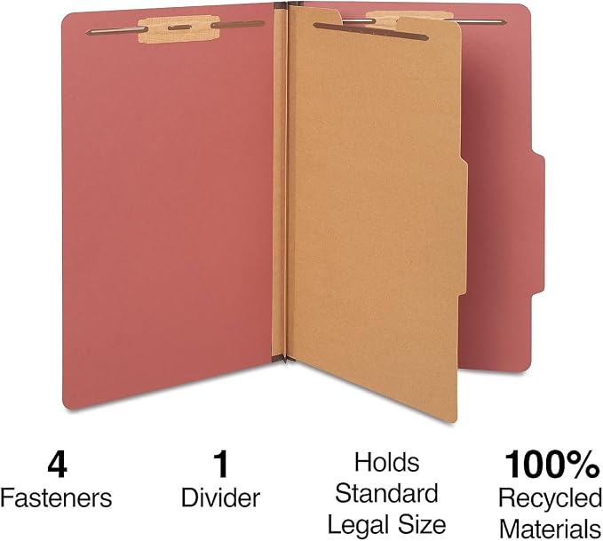 Staples Pressboard Classification Folders, Legal Size, 1‑Divider, 1.75" Expansion, Brick Red, Durable Construction – 40/Carton - Image 2