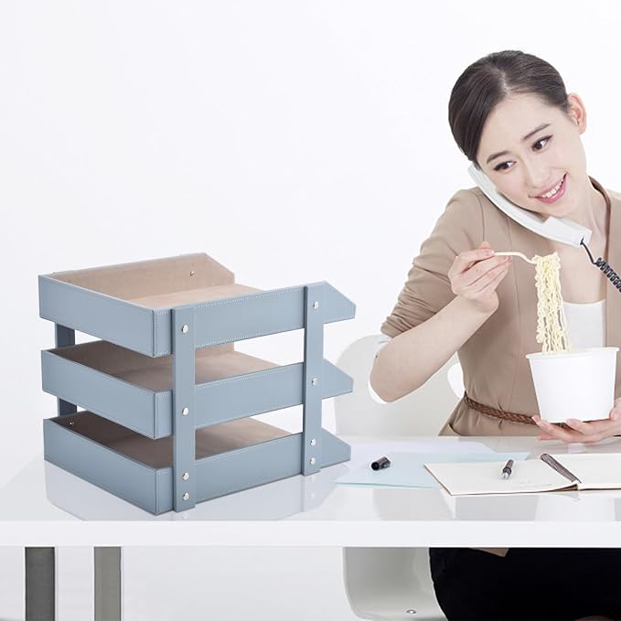 Leather Desk Organize Holder,3-Layer Stackable Letter Tray,Used to Store documents,Folders,Stationery,Magazines,Paper,and Other Home Office Supplies,Desk File Rack (Grey) - Image 3