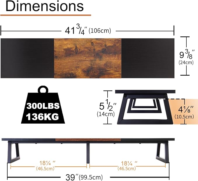 TEAMIX 42 inch Large Dual Monitor Riser, Desk Organizer Stand for TV Laptop | Extra Long Computer Stand Shelf, Wood & Steel TV Riser, Holds 300lbs, Keyboard & PS5 Storage Below, For Home Office & Gaming - Image 4