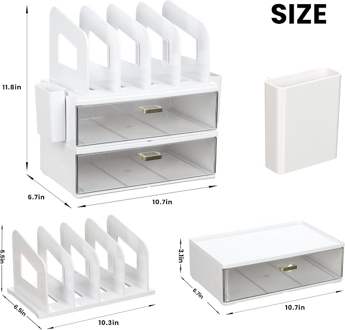 LALOBLUE Acrylic Desk Organizer with Drawer and Vertical File Holder, Desk Organizers and Accessories, Multi-Functional Office Supplies Organizer for Home or Work Desk, White - Image 2