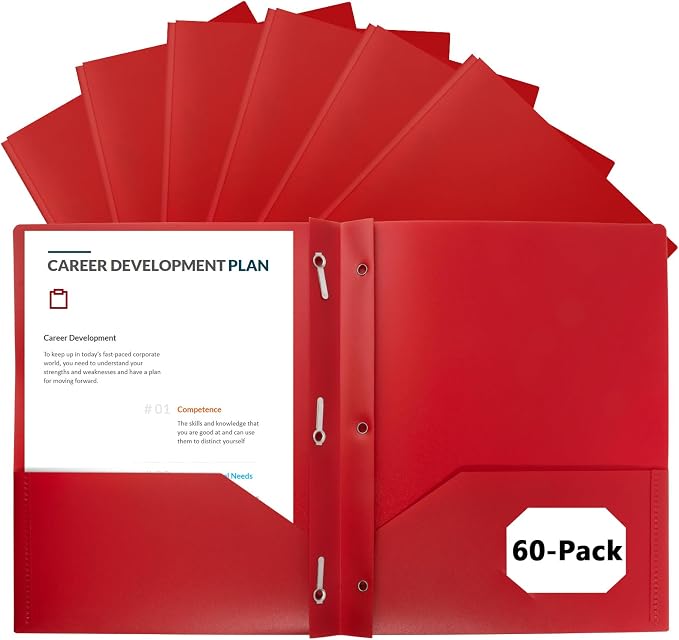 Plastic Folders with Pockets and Prongs,2-Pocket Folders with 3 Fasteners, Holds 8-1/2" x 11" Paper, Pastel Color (Bright Red, 60-Pack) by EEHZTSIOFFICE