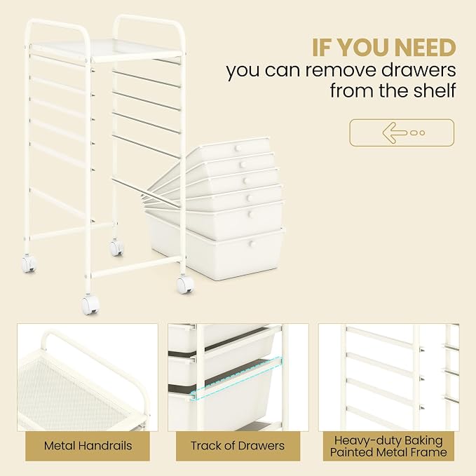 COSTWAY 6-Drawer Rolling Storage Cart, Art Craft Tools Organizer on Wheels | Multifunctional Heavy Duty Utility Mobile Storage Trolley w/ 2 Lockable Wheels for Home Office School (White) - Image 5