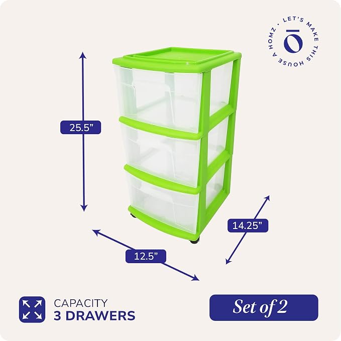 HOMZ 2-Pack Drawer Tower, 3-Tier Clear Plastic Storage Organizer Cart, Bold Lime Frame - Organizing Containers with Wheels for Home, Bathroom, Bedroom, Office, and Classroom - Image 2