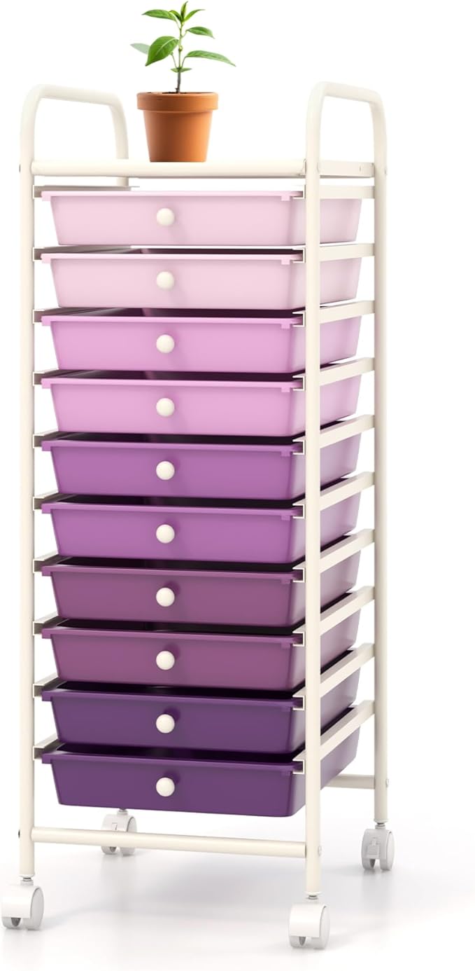 Storage Cart, Rolling Utility Cart with 10 Drawers, Portable Handles & Lockable Wheels, Mobile Paper Toys Storage Organizer Large Capacity for Home Office School Teacher (Purple Gradient) by OFFICEJOY