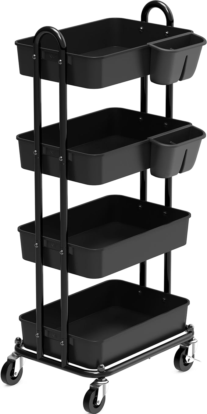 Simple Houseware 4-Tier Rolling Utility Cart with Hanging Bucket, Black | Storage for Bathroom, Kitchen, Office, Study Room, Nursery Diaper by SimpleHouseware