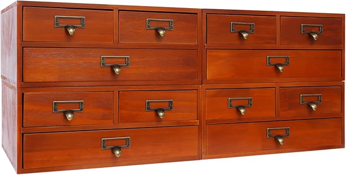 Wooden Desktop Organizer, 3 Tier Tabletop Storage Cabinet with 12 Drawers Composable Four-Piece Set & Metal Handles Modular Stackable Desktop Apothecary Cabinet for Home Offices Schools (Brown) - Image 4