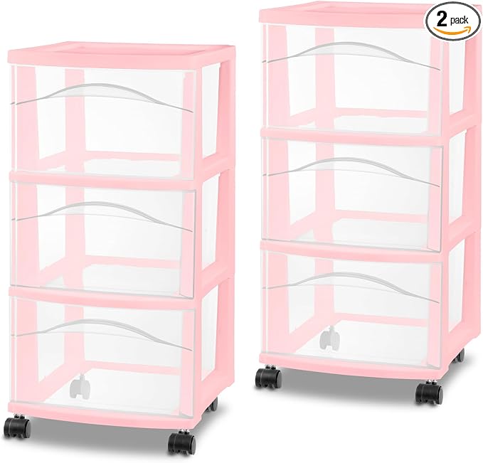 Sterilite 2 Pack 3 Drawer Storage Cart, Plastic Rolling Organization, Pink | Clear Plastic Organizer Drawers with Wheels for Craft Supplies, Bath Essentials, or Home Accessories by Sterilite