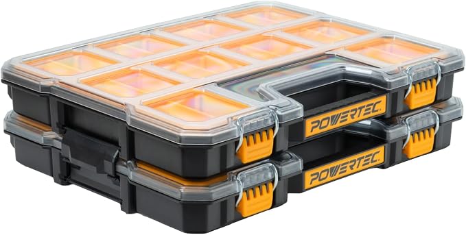 POWERTEC Small Parts Organizer & Tool Box – 20 Compartments, IP65 Water & Dust Protection, Stackable Storage with Interlocking Latch, Removable Bin, Divider, Clear Lid, Portable Design, 2PK (72366-P2) by POWERTEC