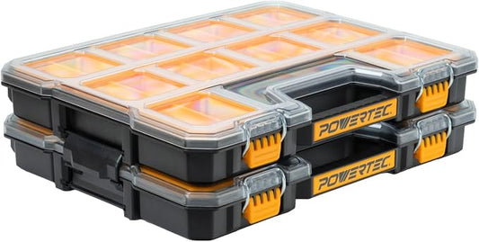 POWERTEC Small Parts Organizer & Tool Box – 20 Compartments, IP65 Water & Dust Protection, Stackable Storage with Interlocking Latch, Removable Bin, Divider, Clear Lid, Portable Design, 2PK (72366-P2) by POWERTEC