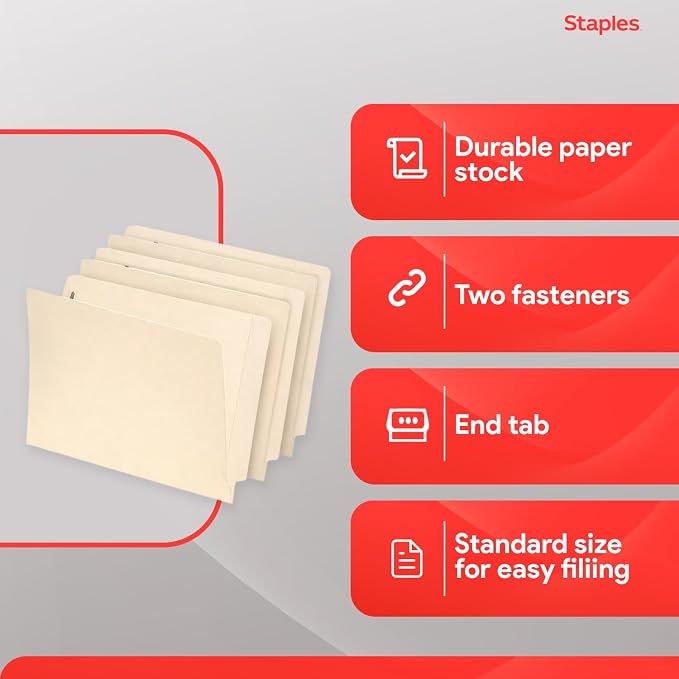 Staples File Folders, Reinforced End-Tab with Fasteners, Letter Size, Perfect for Home, Office or Classroom, 50-Pack, Manila - Image 4