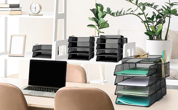 EXERZ Paper Sorter 4pcs Tier Stackable A4 Desk Organiser Letter Tray Black | Durable Metal Mesh Holds Papers Files Folders Notebooks And Magazines For Office Home Study Classroom Desks - Image 5