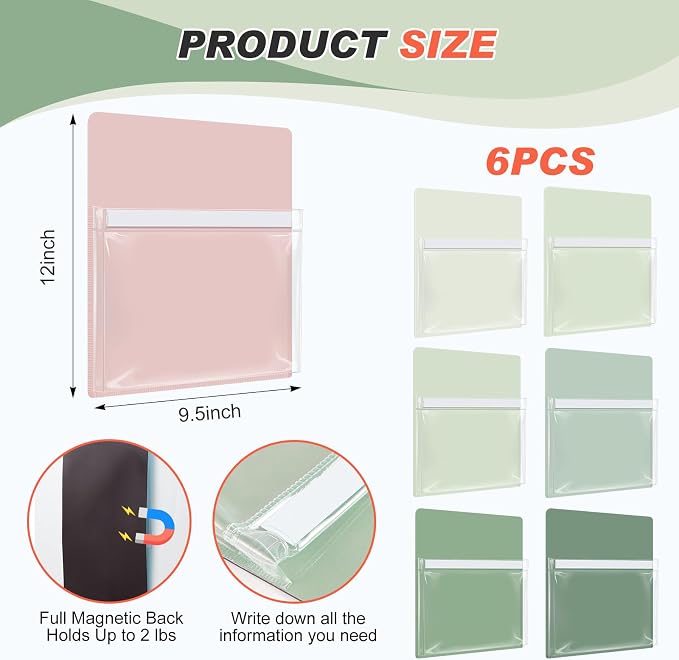 Fuutreo 6 Pcs Magnetic File Holder Colorful Magnetic Pocket Storage Pouch Paper Holder 12 x 9.5 Inch Magnet Pen Dry Erase Marker Organizer for Whiteboard Refrigerator Locker(Sage Green,Vertical) - Image 2