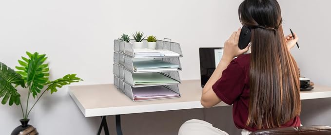 EXERZ Paper Sorter 4pcs Tier Stackable A4 Desk Organiser Letter Tray Silver | Durable Metal Mesh Holds Papers Files Folders Notebooks And Magazines For Office Home Study Classroom Desks - Image 6